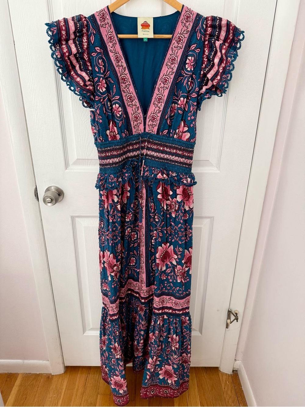 Farm Rio Floral Print Pink and Blue Long Maxi Dress Size Large